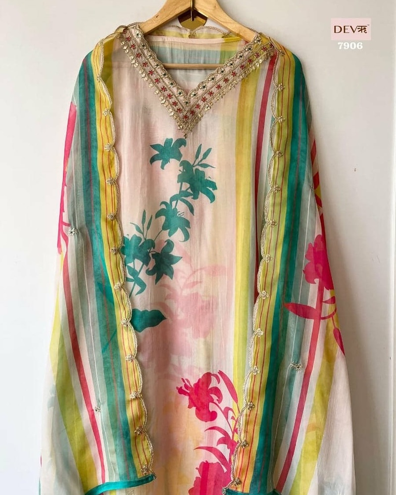 Unstitched Organza Salwar Suit Set - Neck Style: V-neck