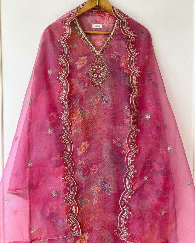 Unstitched Organza Salwar Suit Set - Neck Style: V-neck