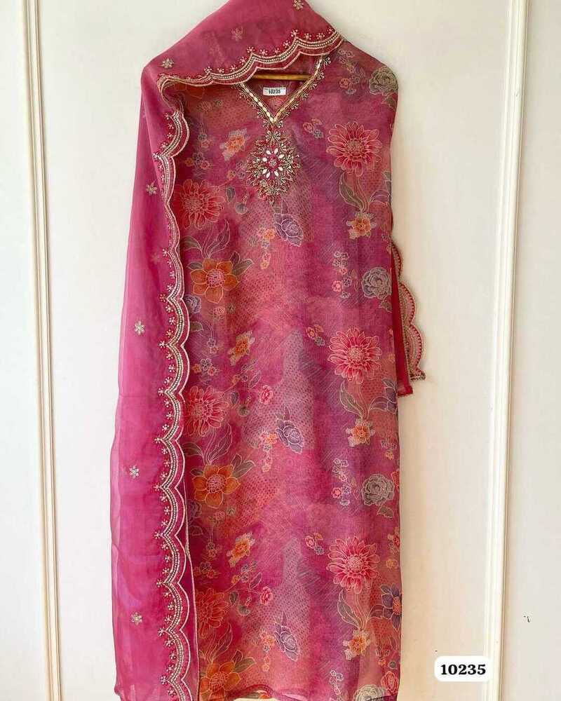 Unstitched Organza Salwar Suit Set - Neck Style: V-neck