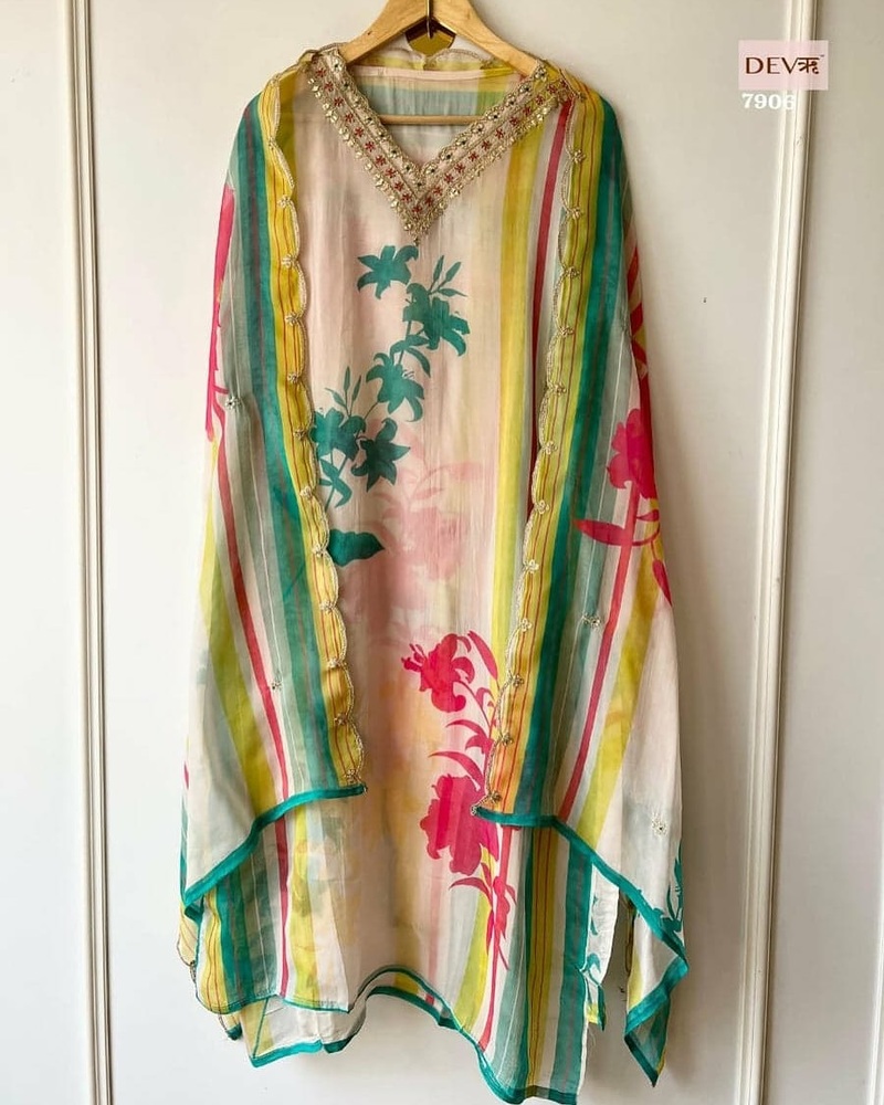 Unstitched Organza Salwar Suit Set - Neck Style: V-neck