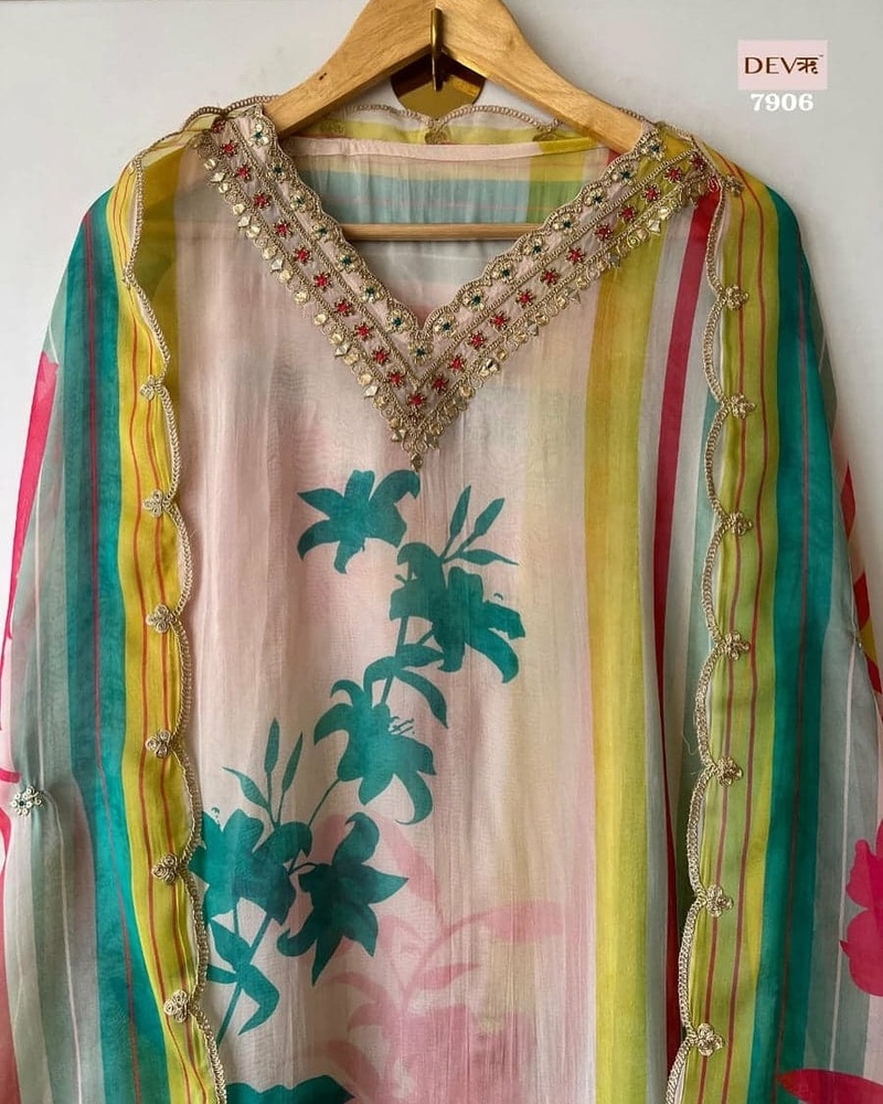 Unstitched Organza Salwar Suit Set - Neck Style: V-neck