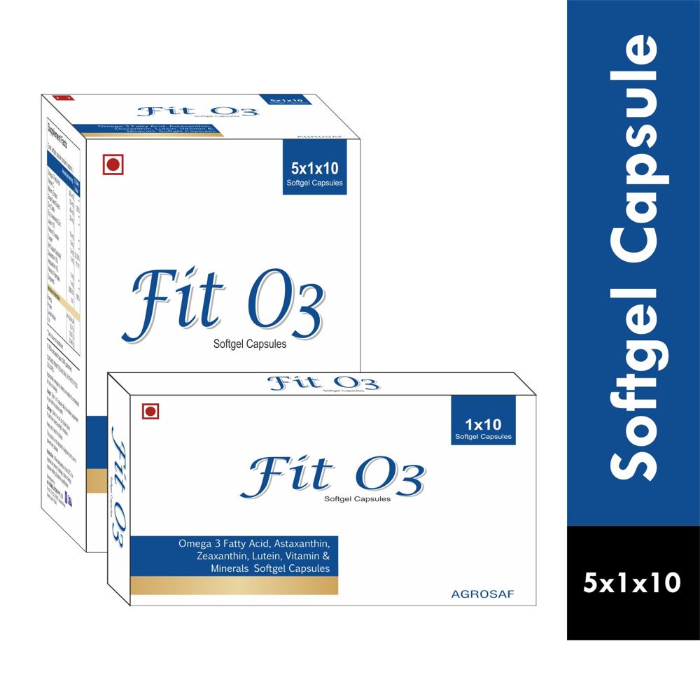 FIT O3 CAPSULE - Omega 3 Fatty Acid(300mg), Asthaxanthin 10%(1mg), Zeaxanthin 10%(1mg), Lutein 10%(5mg), Vit. C(50mg),bilberry Extract(40mg),grape Seed Extract(25mg),zinc Oxide(10mg),vit. E Extract(5mg),copper(1mg),& Vit.a Palmilate(2000 Iu)