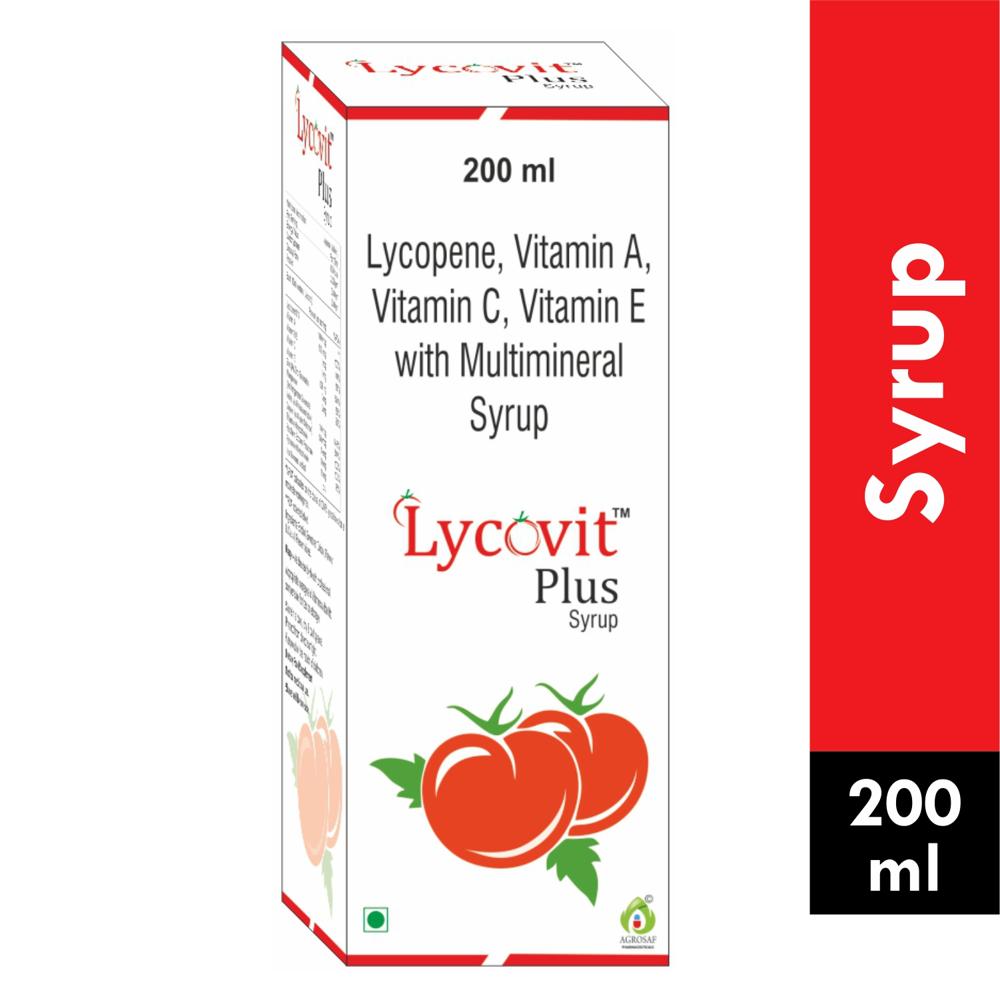 LYCOVIT PLUS SYRUP - Lycopene(10%) 1000mcg, Vitamin A 600mcg,vitamin B12(1mcg),vitamin C(10mg) Vitamin E 8.26mg,zinc(3mg),manganese(2mg), Riboflavin(1.6mg), Iodine 100mcg, Thiamine 1.4mg, Copper500mcg, Pyridoxine1.5mg