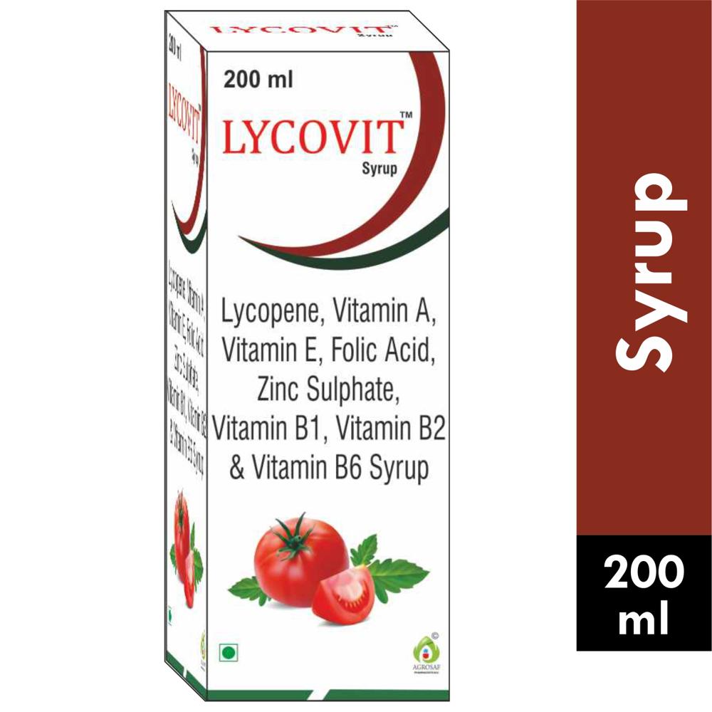 LYCOVIT SYRUP - Lycopene 1000mcg, Vitamin A 2000 I.u., Vitamin E 10 I.u., Folic Acid 200mcg, Zinc Sulphate 12mg, Vitamin B1 0.5mg, Vitamin B2 1.0mg & Vitamin B6 1mg