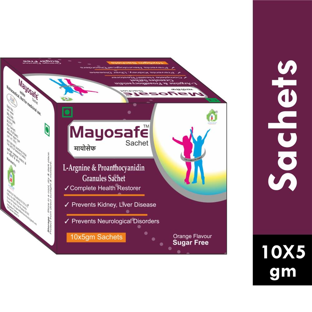 MAYOSAFE SACHET(SUGAR FREE) - Ingredients:-(energy 4.92 Kcal,carbohydrate 1.23gm,suger 0.00gm,protein 0.00gm,fat 0.00gm)l-argnine(3.00gm) & Proanthocyanidin(75.00mg) Granules Sachet