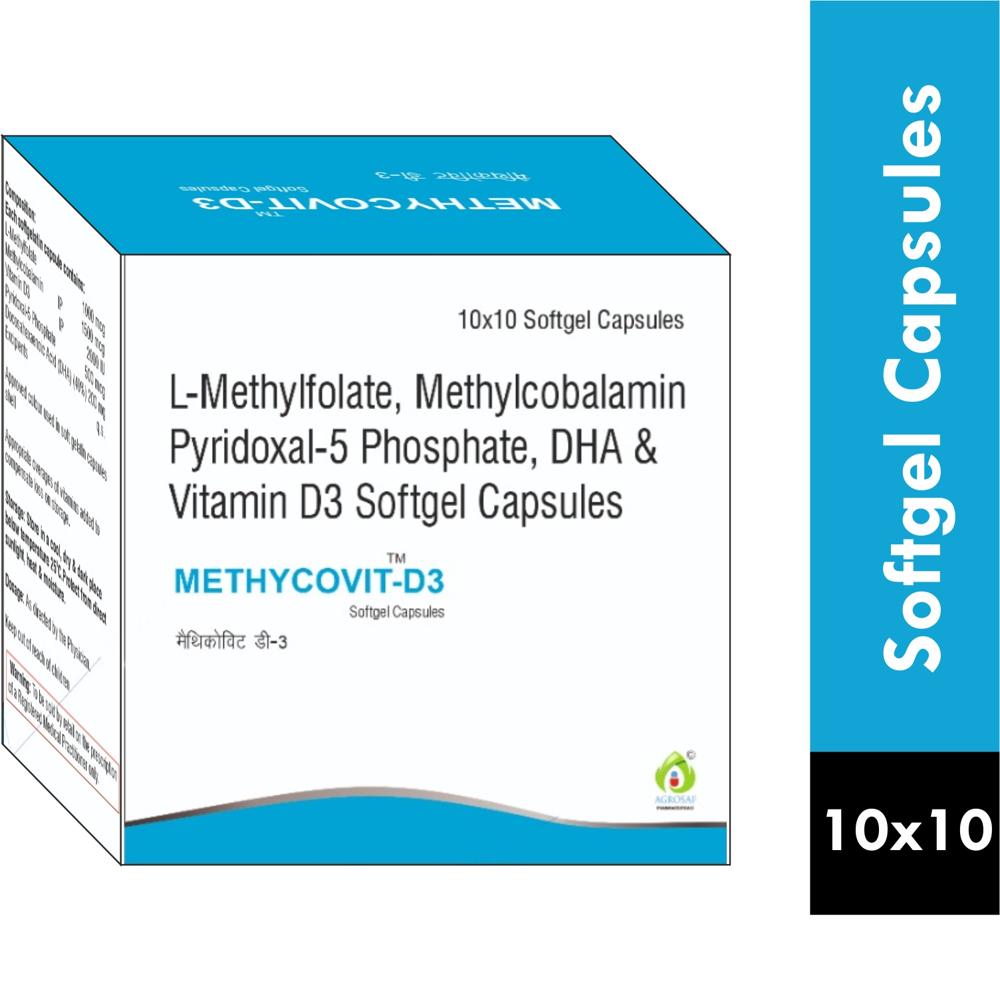 METHYCOVIT D3 SOFTGEL CAPSULE - L-methyl Folate (1mg) + Methylcobalamin (1500mcg) + Pyridoxal-5-phosphate (0.5mg) + Vitamin D3 (2000iu) + Docosahexanoic Acid(dha) (200mg)