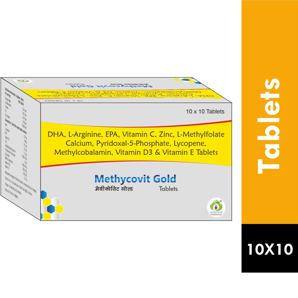 METHYCOVIT GOLD TABLET - Dha(60mg), L-arginine(10mg), Epa(90mg), Vitamin C(30mg), Zinc(7.5mg),pyridoxine-5- Phisphate(2mg), Lycopene(1000mcg), Cyanocobalamin(2.2mcg), Vitamin D3(400 I.u.) & Vitamin E(7.5mg)