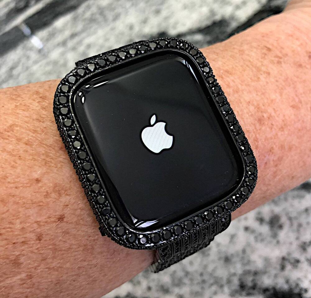 Luxury Custom Black Round-Cut Moissanite Apple Watch