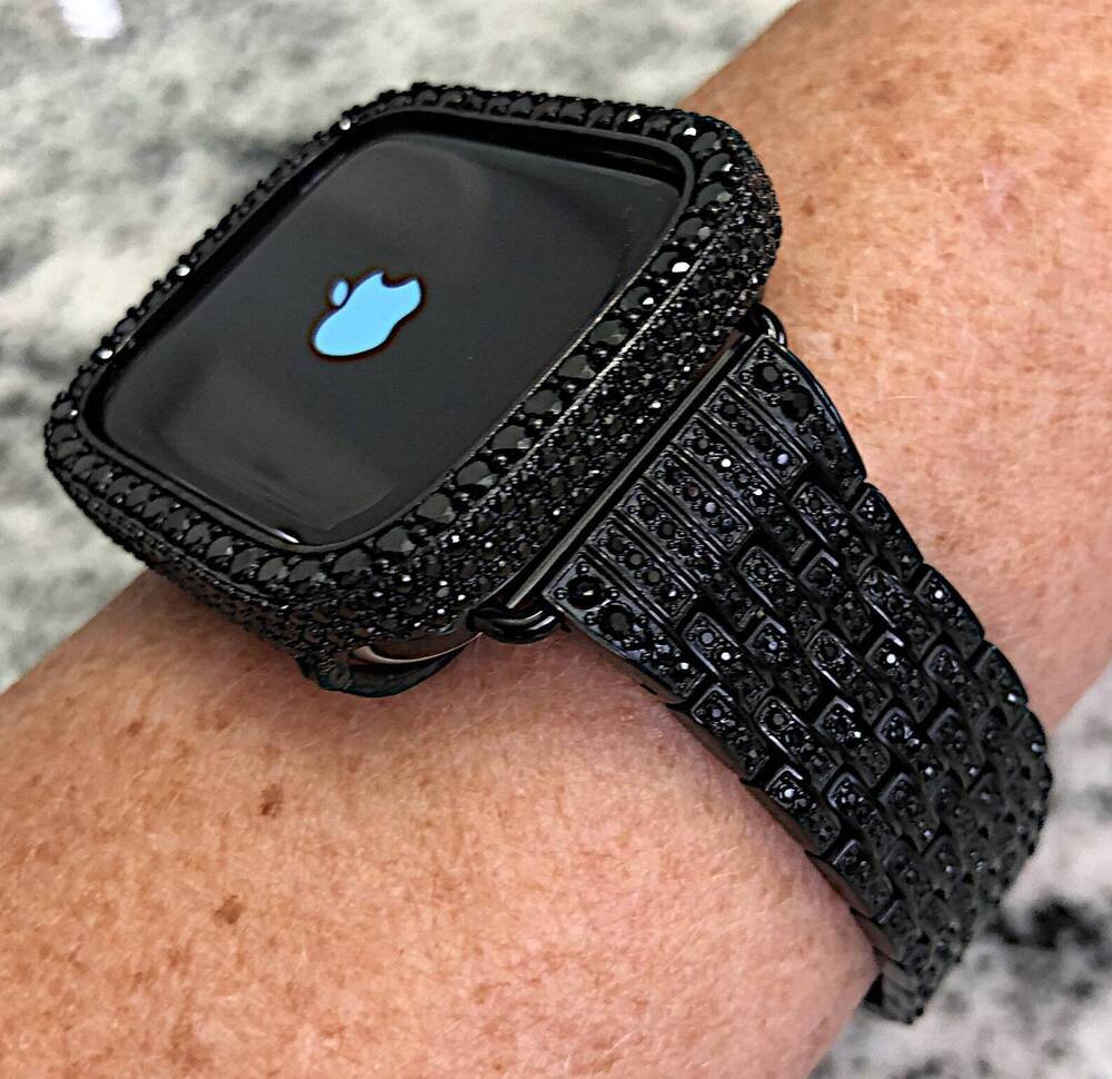 Luxury Custom Black Round-Cut Moissanite Apple Watch
