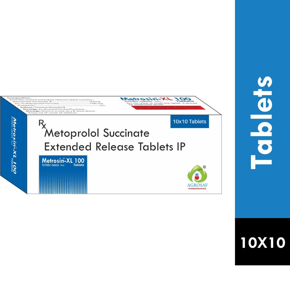METROSIN XL 100 TABLETS - Each Film Coated Extended Releaser Tablet Contains : Metoprolol Succinate Ip 95mg Eq To Metoprolol Tartrate 100 Mg