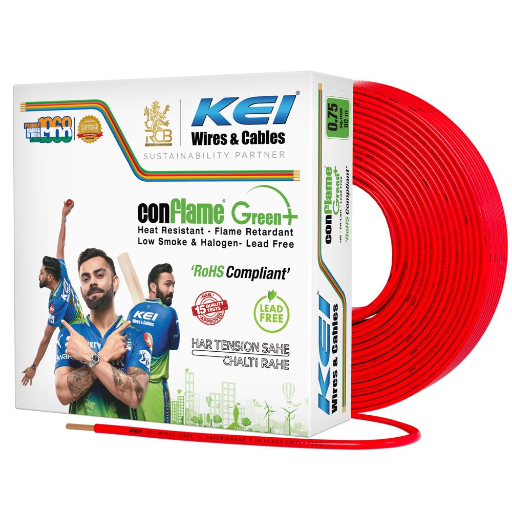 KEI CONFLAME GREEN PLUS 0.75 sqmm 1 कोर तांबा गर्मी के प्रतिरोधी लौ अवरोधक कम धुआं और हैलोजन - सीसा मुक्त घरेलू और औद्योगिक बिजली की वायर्डिंग के लिए हाउस वायर