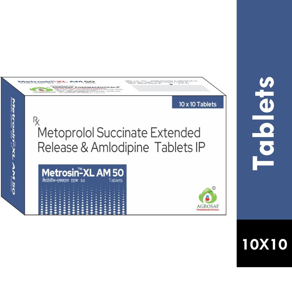 METROSIN XL AM 50 TABLET -Metoprolol Succinate 47.5 Mg Eq. To Metoprolol Tartrate Er 50 Mg & Amlodipine Besylate Eq. To Amlodipine 5 Mg