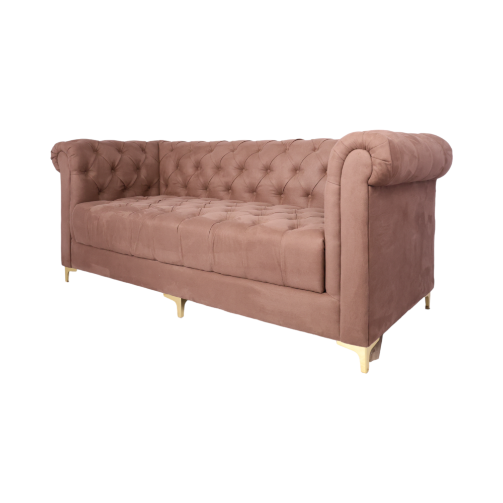 3-Seater Tufted Velvet Sofa with Rolled Arms & Gold Legs  Modern Chesterfield Style