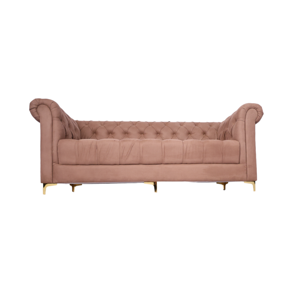 3-Seater Tufted Velvet Sofa with Rolled Arms & Gold Legs  Modern Chesterfield Style