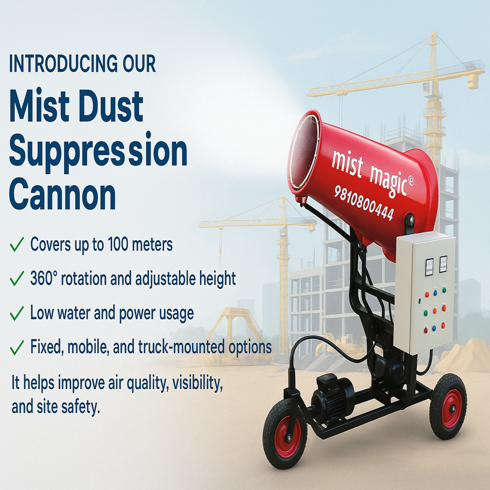 Fog Cannon Dust Suppression Systems - Ms Material, 360â° Rotation, Electric Power, 110-215 Volt | Covers 100 Meters, Adjustable Height, Efficient Air Quality Control