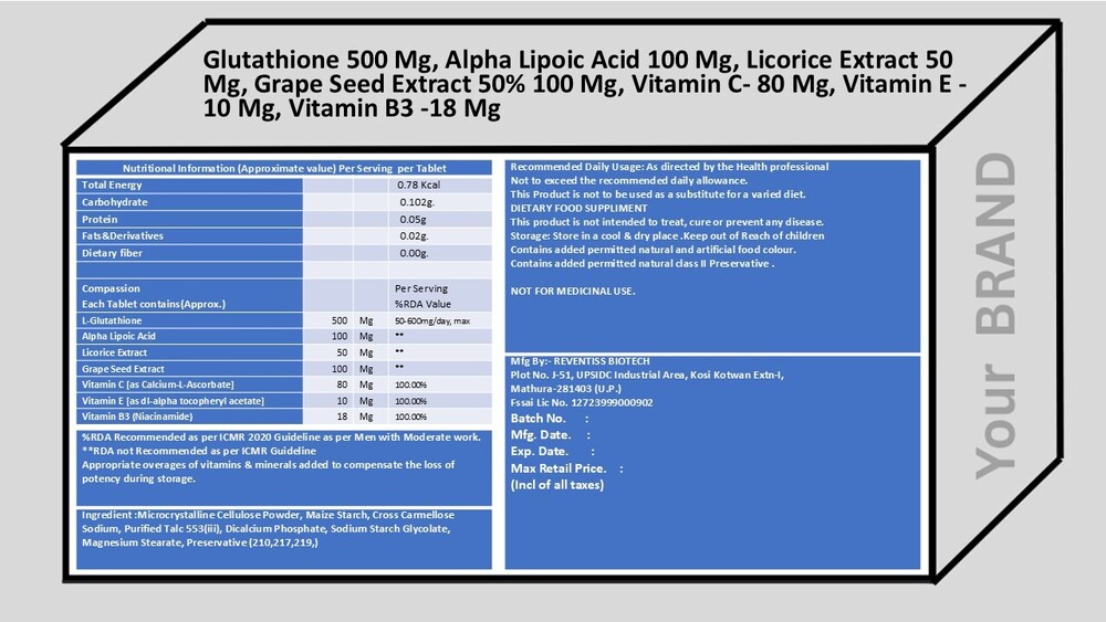 Glutathione, Alpha Lipoic Acid, Licorice Extract, Grape Seed Extract, Vitamin C,Vitamin E,Vitamin B3