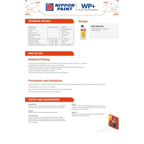 5 L Nippon Walltron Wp Plus Integral Liquid Waterproofing - Color: White