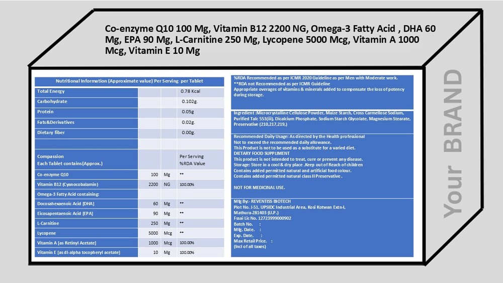 Co-enzyme Q10, Vitamin B12, Omega-3 Fatty Acid , DHA, EPA , L-Carnitine, Lycopene, Vitamin A , Vitamin E