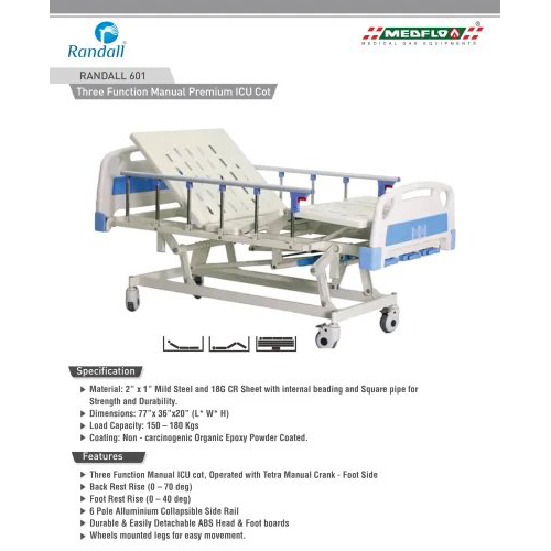 Three Function Manual Premium Icu Cot - Color: White Blue