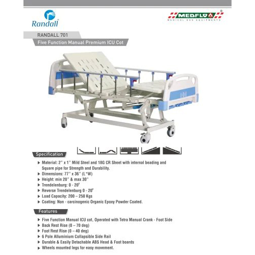 Five Function Manual Premium Icu Cot - Color: White Blue