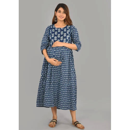 Printed Maternity Dress - Color: Blue