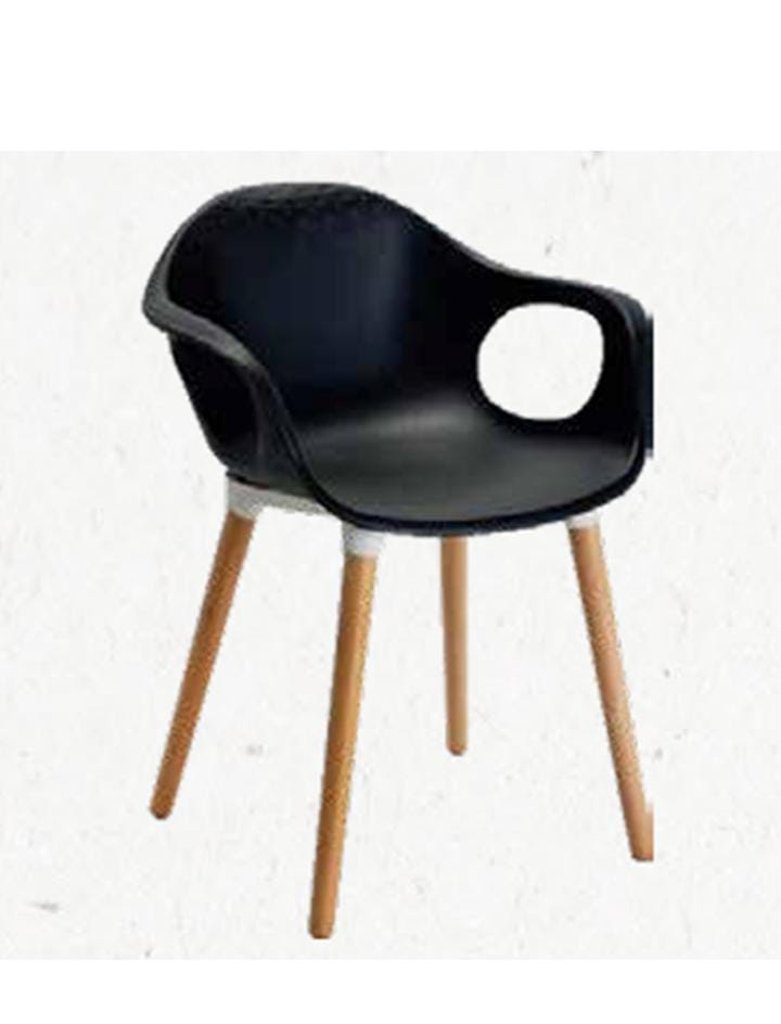 OM WOODS DPC 179 WOOD LEG CHAIR - Stainless Steel Arm Rest, Mid Backrest, Black Color | Comfortable, Modern Design for Restaurants & Cafes