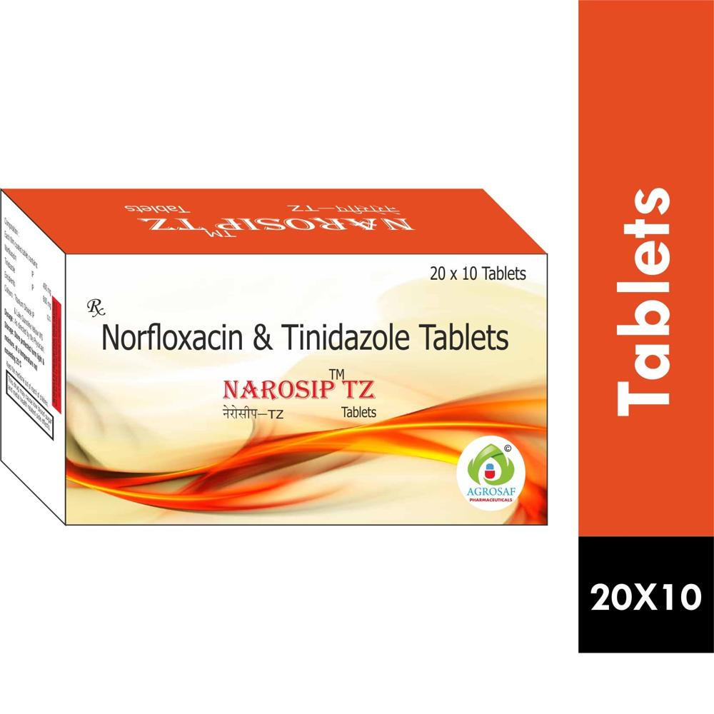 NAROSIP TZ TABLET - Norfloxacin (400mg) + Tinidazole (600mg) + Excipients Q.s. Colours :- Titanium Dioxide Ip & Lake Quinoline Yellow Ws