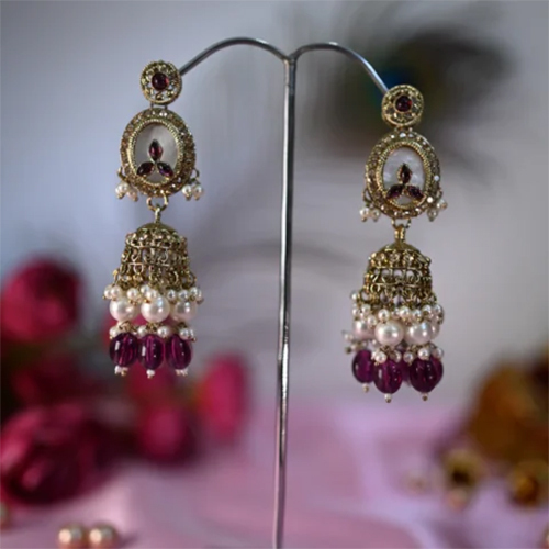 Gulbadan Pearls Purple And White Jhumkis - Gender: Women