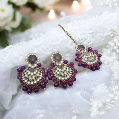 Royal Purple Kundan Chandbalis With Tikka - Gender: Women