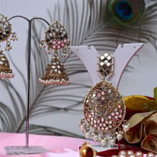 Noor Jahans Mirror Pearl Jhumkis With Tikka - Color: White