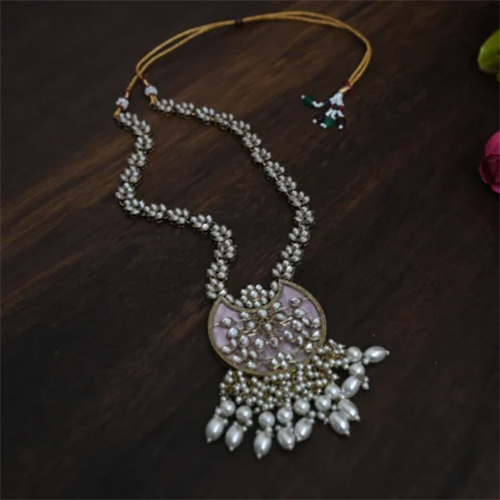 Chandni Mother Of Pearl Kundan Pink Long Necklace Set - Gender: Women