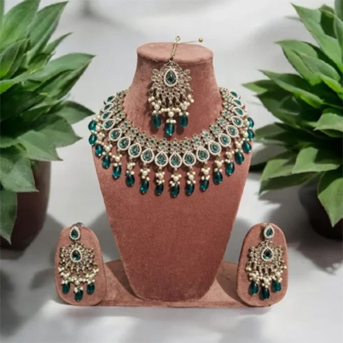 Decent Teal Green With White Pearls Necklace Set - Gender: Women