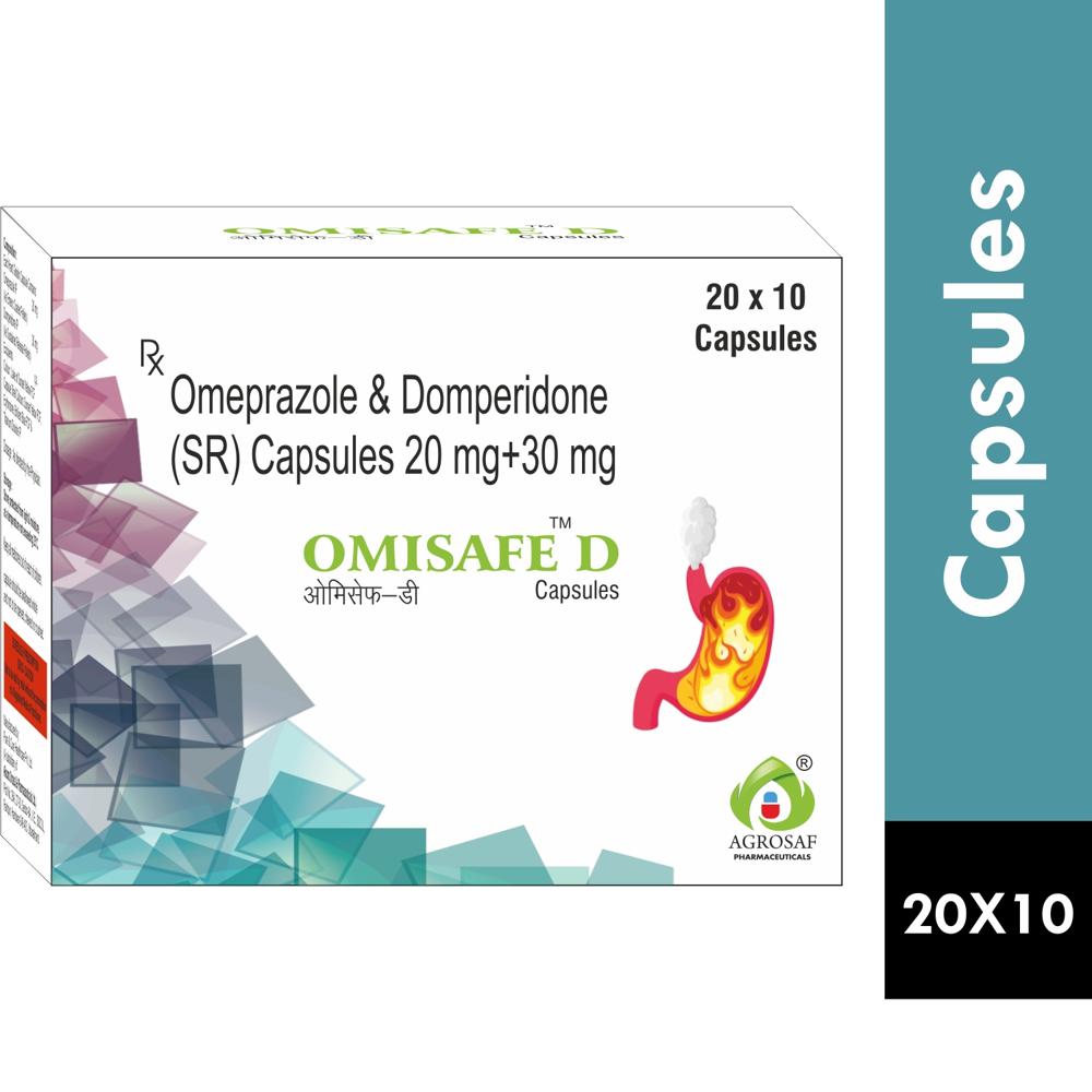 OMISAFE-D CAPSULES - Omeprazole 20mg Ec + Domperidone 30mg Sr Colour: Lake Of Sunset Yellow Fcf,capsule Shell Colours:sunset Yellow Fcf,erythrosine,brilliant Blue Fcf & Titanium Dioxide Ip