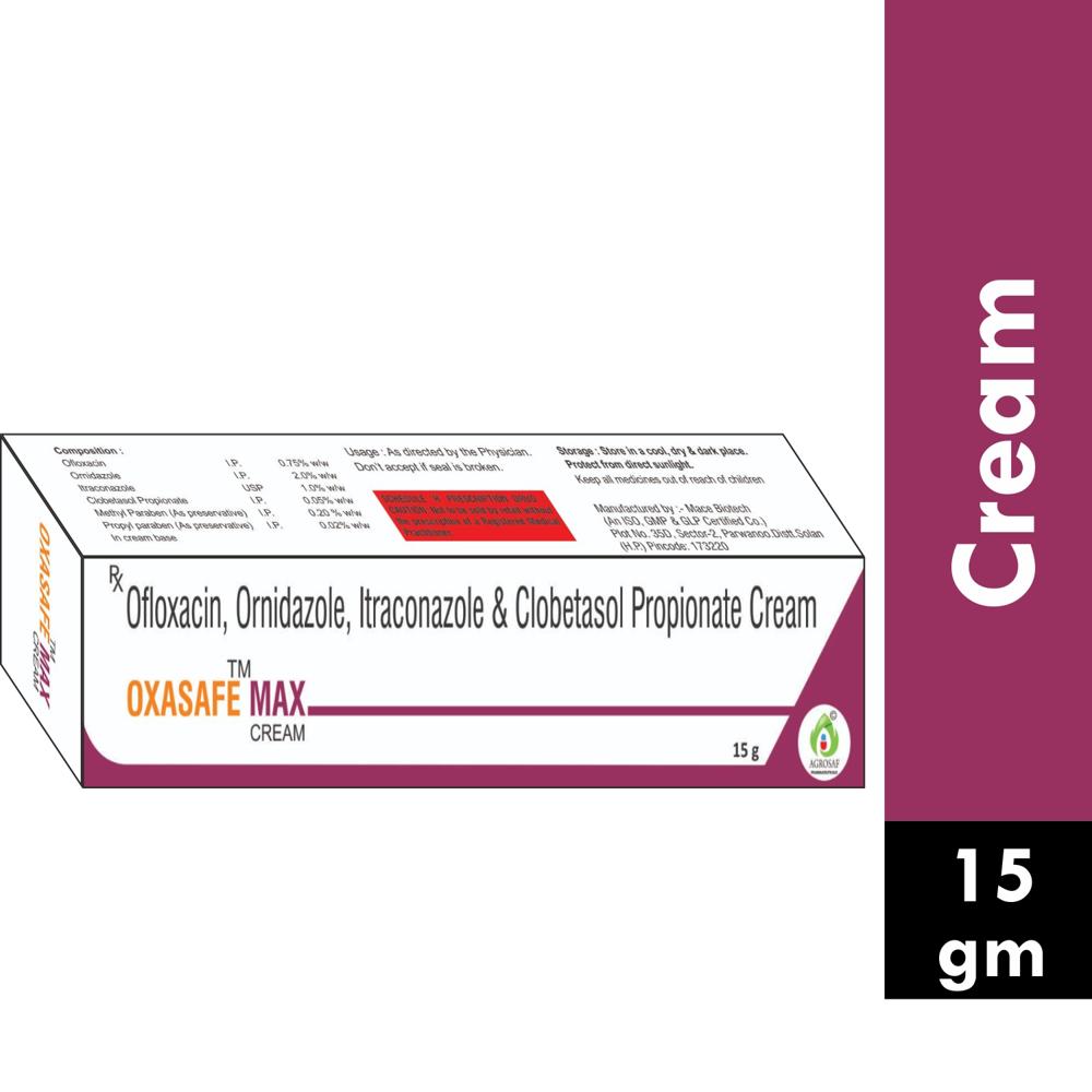 OXASAFE MAX CREAM - Ofloxacin 0.75%w/w,ornidazole 2.0%w/w,itraconazole 1.0%w/w & Clobetasol Propionate 0.05%w/w Cream