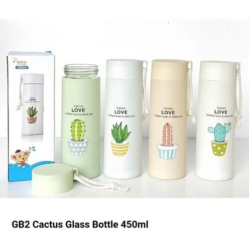 450Ml Glass Cactus Water Bottle - Color: Multi Color