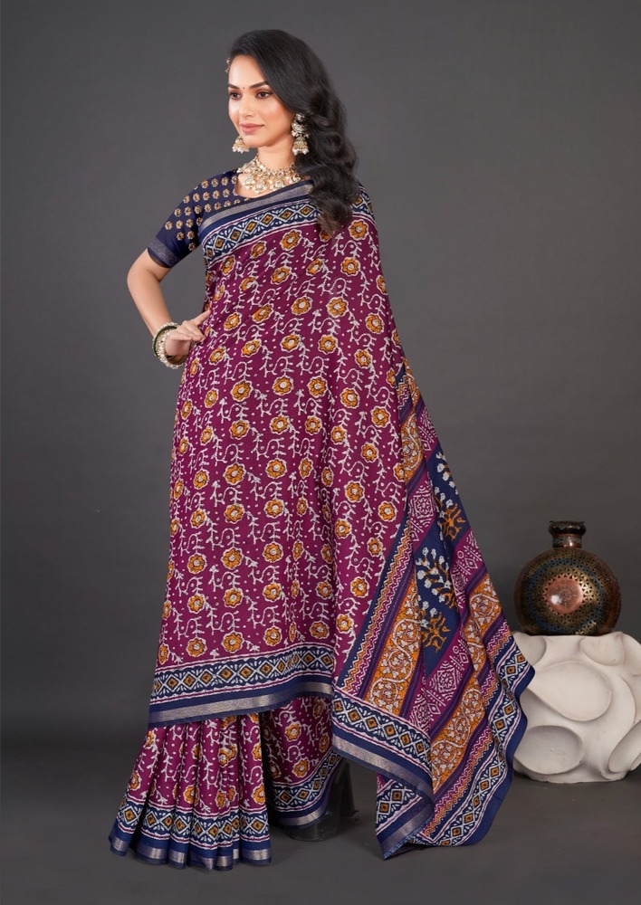 Pure Soft Cotton Batiq Printed Saree With Designer Blouse - Color: Multicolor