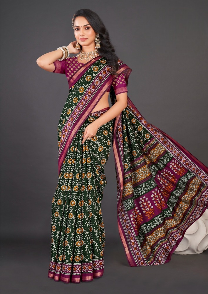Pure Soft Cotton Batiq Printed Saree With Designer Blouse - Color: Multicolor