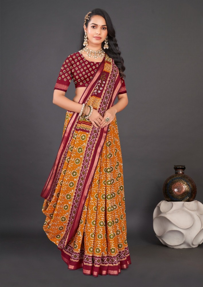 Pure Soft Cotton Batiq Printed Saree With Designer Blouse - Color: Multicolor
