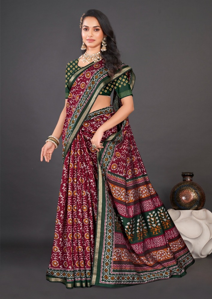 PURE SOFT COTTON BATIQ PRINTED SAREE WITH DESIGNER BLOUSE