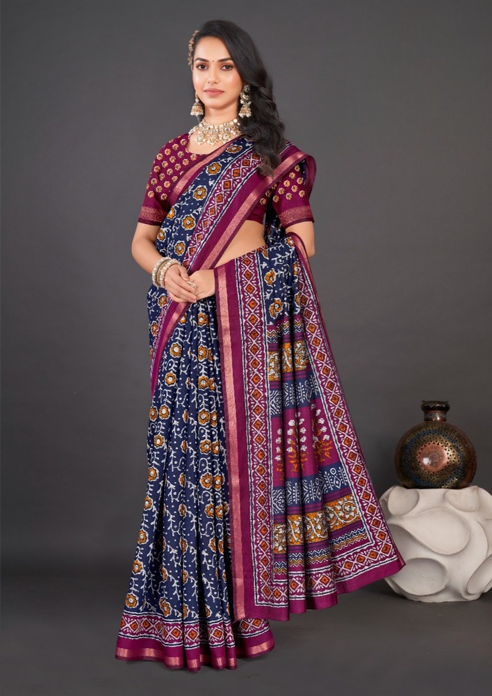 Pure Soft Cotton Batiq Printed Saree With Designer Blouse - Color: Multicolor