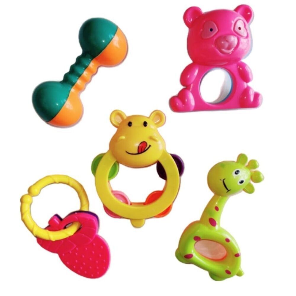 Rattle Toy Set For 0-6 Month Old Babies, Perfect First Gift For Babies, Set Of 5 Colourful Attractive Non-Toxic Plastic Rattle - Color: Multicolor