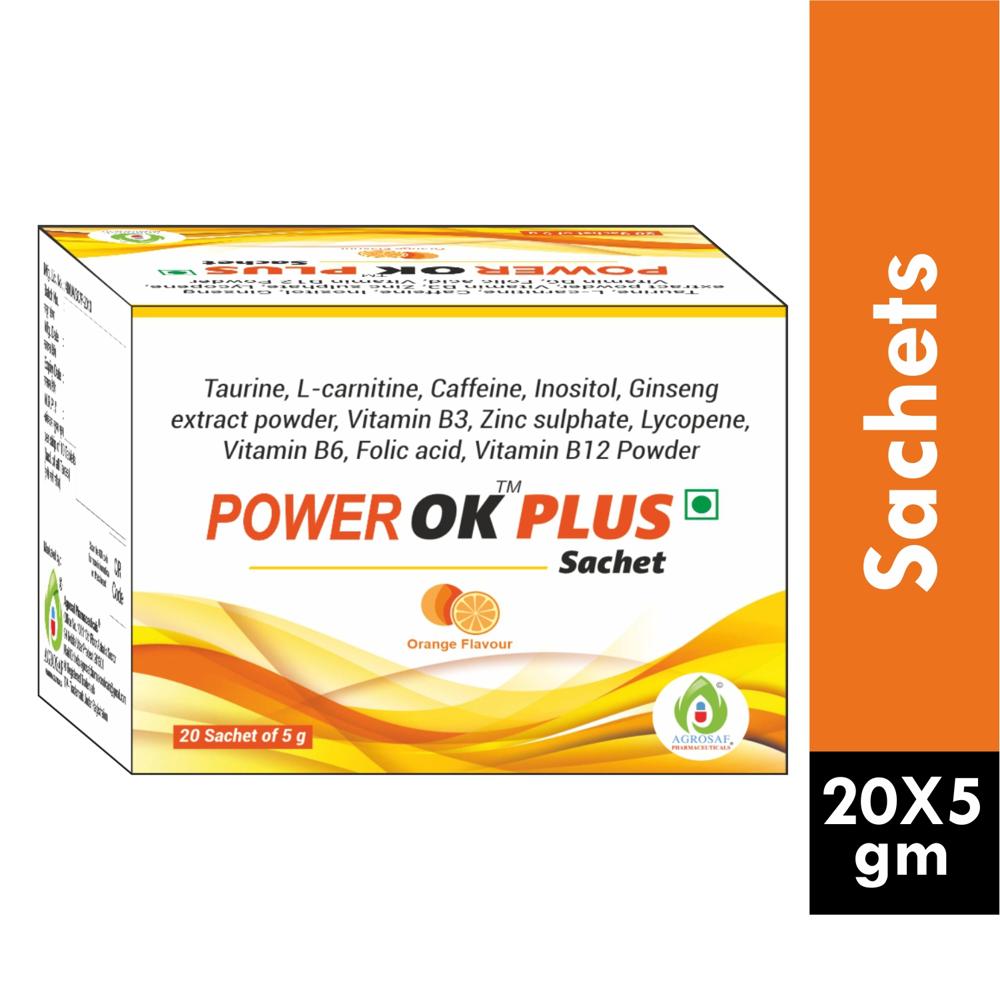 POWER OK PLUS SACHET - Taurine(500mg),l-carnitine(250mg),caffeine(50mg),inositol(50mg),ginseng Extract Powder(20mg),vitamin B3(12mg),zinc Sulphate(10mg),lycopene(5mg),vitamin B6(1.5mg),folic Acid(0.10mg),vitamin B12(1.00mg) Powder