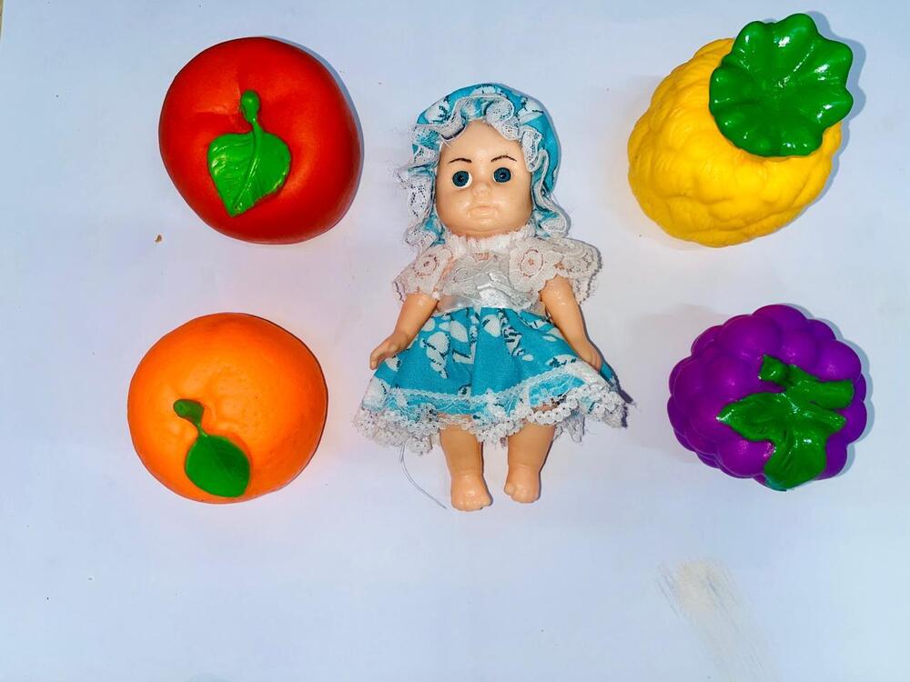 Baby Doll With 4 Fruit / Balls Squeezy Toys - Age Group: Under 12 Months