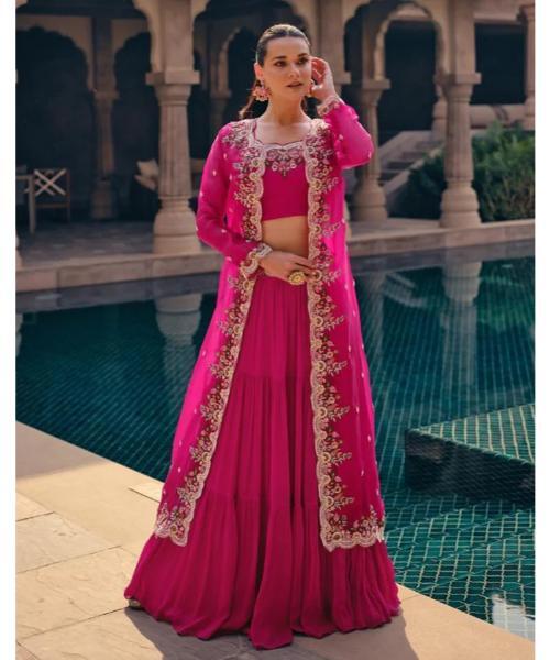 Embroidered Short Top Lehenga Set - Occasion: Wedding