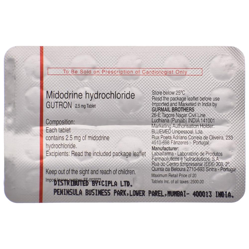 Gutron Midodrine Tablet 2.5mg - Grade: Pharmaceutical Grade