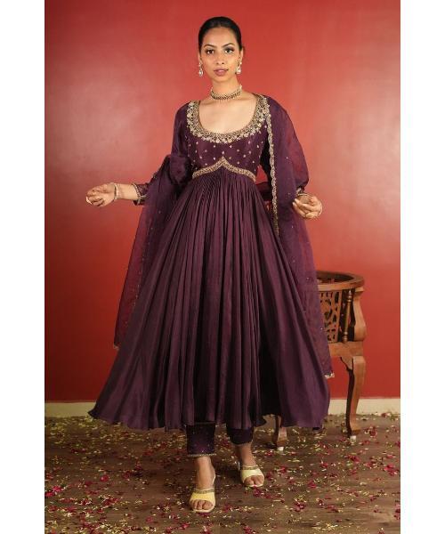 Woven Floral V Neck Heer Anarkali Set