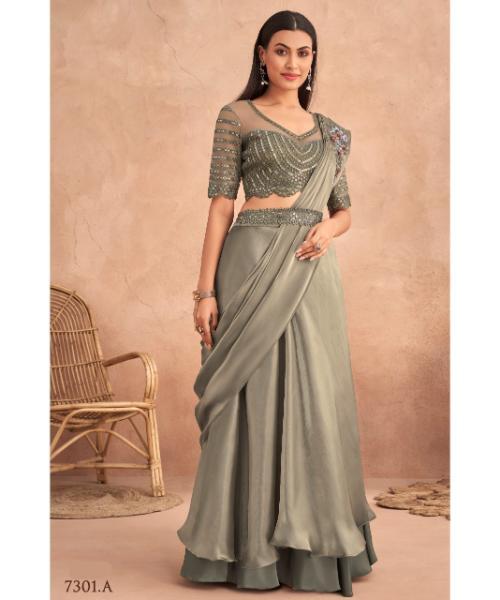 Fancy Partywear Embroidery Work Ready To Wear Saree With Unstitched Blouse