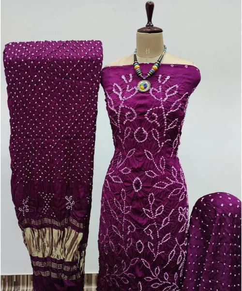 Heavy Modal Ghazi Silk Barik Bandhej work Bandhani Dress Material (Unstitched)