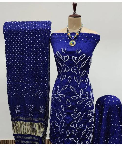 gaji silk bandhani dress material Pure Gaji Silk Bandhani Suits With Lagdi Patta Dupatta