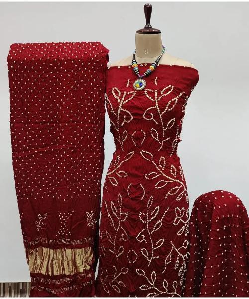 Heavy Modal Ghazi Silk Barik Bandhej work Bandhani Dress Material (Unstitched)